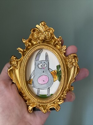 5/4 Abstract Bunny,rabbit,Painting On Paper,framed,cute,funny,miniature,folk Art