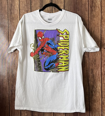 Marvel Spiderman Shirt Men Large White Flying Spellout Graphic