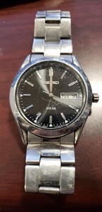 Seiko-Men-039-s-SNE039-Silver-Stainless-Steel-Solar-Black-Dial-Day-Date-Watch