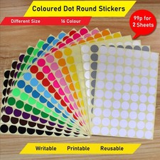 4 SIZE 16 Color Dot Stickers Round Spot Circles Dots Labels 99p for 2 Sheets
