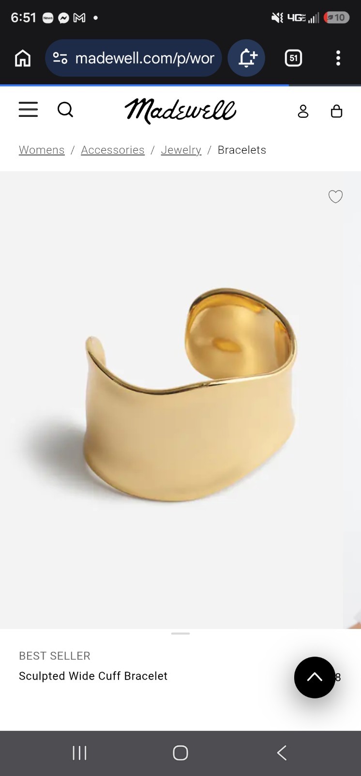 NEW Brand New Madewell Organic Wide Cuff Bracelet In gold Msrp $68 nwot