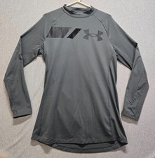 Under Armour Shirt Mens Large Gray Logo Fitted UA ColdGear Mock Neck Long Sleeve