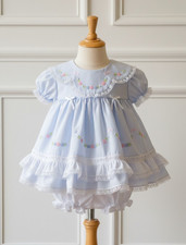 NWT Will'beth Blue Heirloom Lace Ruffle 2pc Dress 3 Months Bloomers Girls 3M