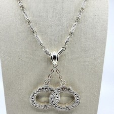 Silver Tone Interlocking Double Oval Pendant Necklace Rhinestone Minimalist Boho