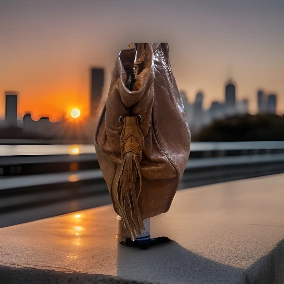 Bolso de hombro Junior Drake de cuero marrón con flecos laterales Foto 2 de 4