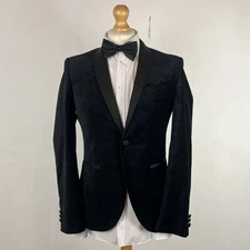 NEXT Velvet Blazer Jacket Men's 38R Dark Blue Paisley Tuxedo Dinner Skinny Fit