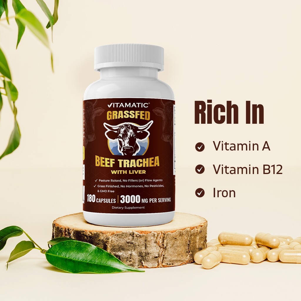 Vitamatic Grass-Fed Beef Trachea with Liver 180 Capsules – Freeze-Dried, Non-GMO
