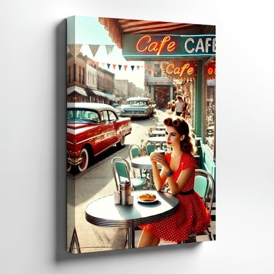 Wall Art Vintage Cafe Street Scene Retro Woman in Red Dress Diner Print Decor