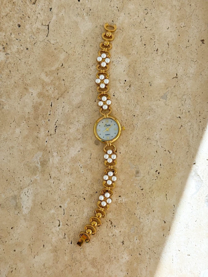 优雅女式珍珠手表手链金色带极简主义复古风格 — 第 3/4 张图片