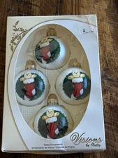 Visions By Holly Glass Christmas Ornaments Set Of 4 Teddy Bear In Stocking Desig
