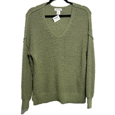 Rachel Zoe Nubby V-Neck Sweater Sz L Green Relaxed Fit Reverse Seam Normcore