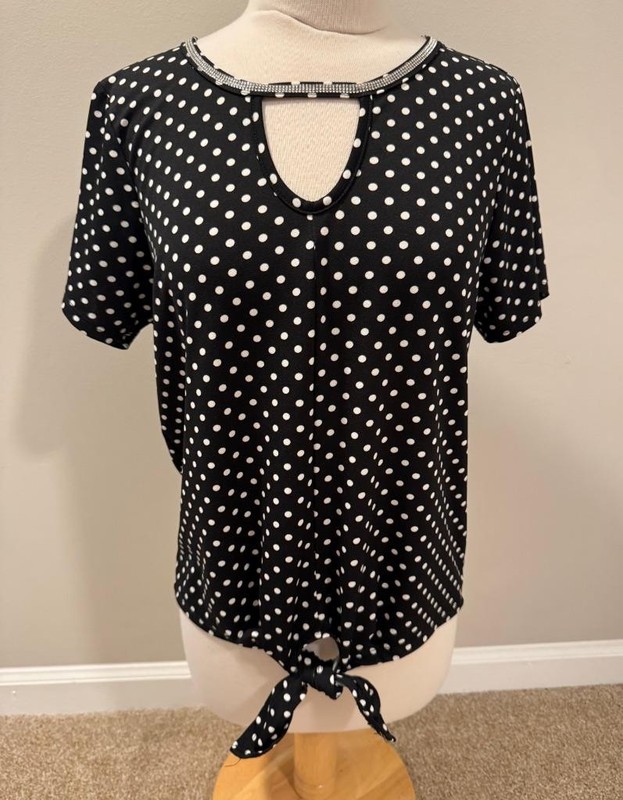 Womens Petite XL Louise Paris Polka Dot Tie Front Top Keyhole Rhinestone Blouse