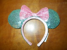 Disney Parks Minnie Mouse Green Sequin Pink Glitter Bow Ears Headband