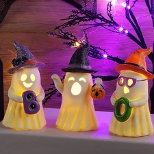 3 Packs Halloween Tabletop Ornaments, 5.5" H Light up Resin Ghosts Wearing Glitt