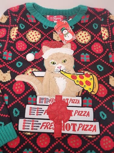 New Ugly Christmas Sweater Cat Eating Pizza 33 Degrees Medium 10 - 12 Girls Tags - Picture 2 of 20