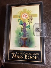 first communion mass book, Rosary, Celebratory Pin Set/black