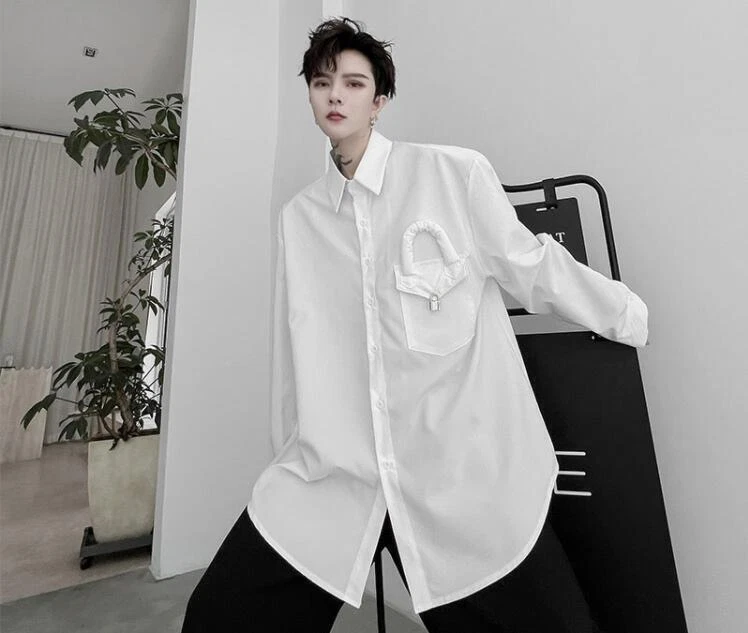 Gothic Men s Long Sleeve Shirt Korean Metal Design Loose Fashion