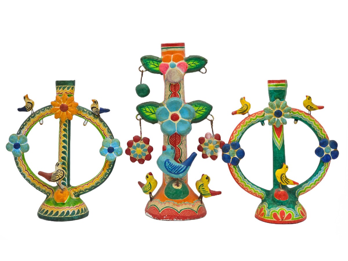 SET of 3 VINTAGE MEXICAN POTTERY TREE OF LIFE FOLK ART CANDLE