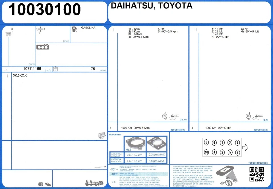 Cylinder Head Gasket Set TOYOTA COROLLA 1.2 68 3K (1974-1977) - Изображение 2 из 2