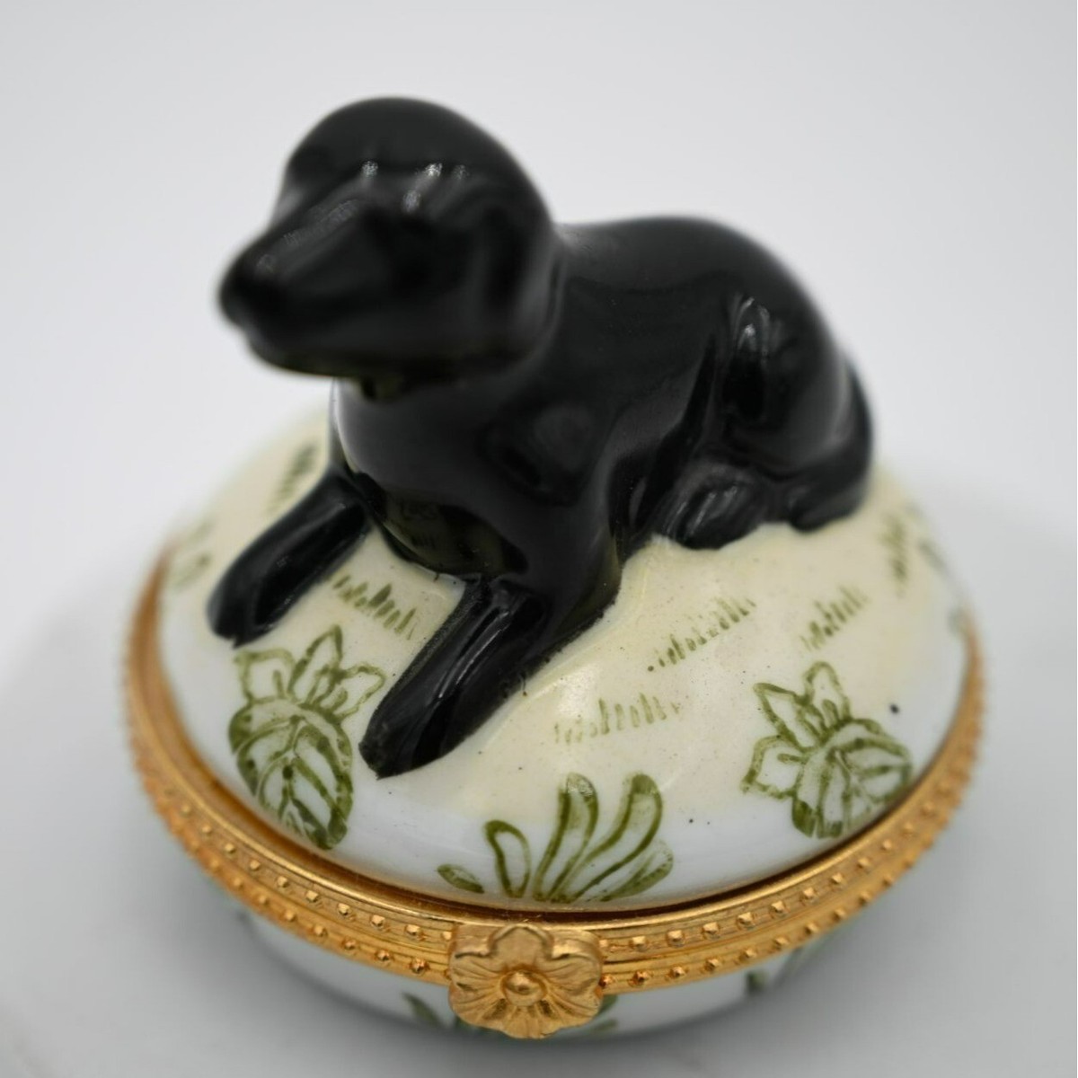Limoge Trinket Box Black Labrador sitting in Grass Vintage Hand