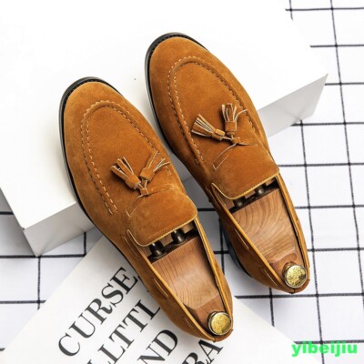 Vintage Men's Suede Tassels Dress Shoes Slip On Loafers Leather Casual Moccasins