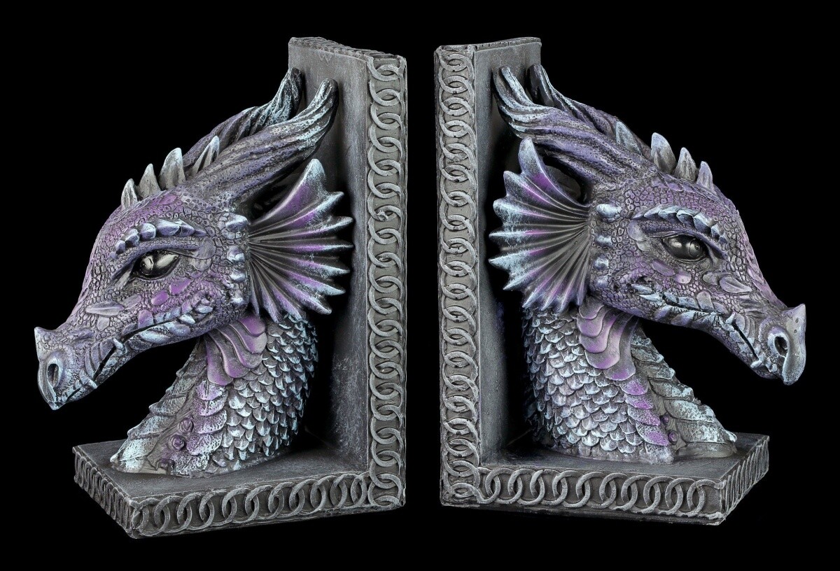 Bookends Set Dragon Heads Figure Gothic Fantasy Decor Purple