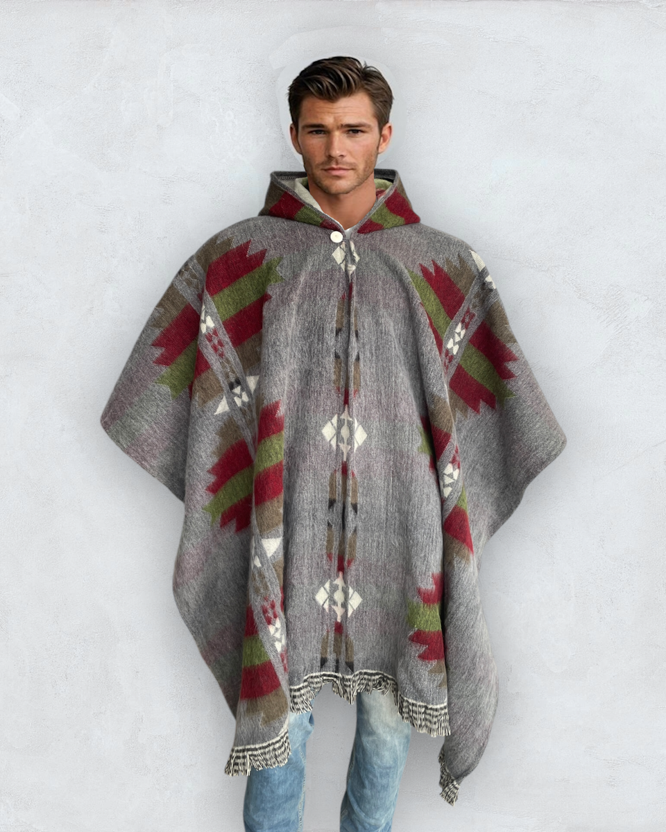 Alpaca Poncho Hooded in gray Soft Comfortable Wool Navajo Design  Handcrafted