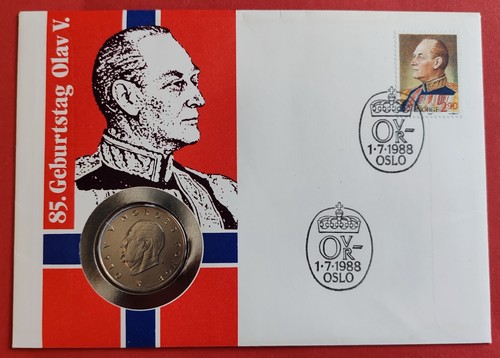 Norwegen * 5 Kronen 1988 * 85 Geburtstag Olav V. Numisbrief * Coin Cover TOP !!!