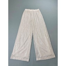 Womens Silver Sequin Wide Leg Pants White Sparkly Party Trousers Size S