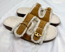 TORY BURCH Anatomic Shearling Lined Slides Tan Suede Gold Women  s US 5.5 NWOB