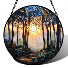 Stained Glass Window Hanging, Forest Sunrise Smoke Blue Brown Tree Suncatcher...