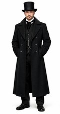 Men's Victorian Black Wool Long Coat: Handmade Vintage Victorian Steampunk Coat