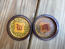 2 Vintage “W” Or “M” Embroidered Needlepoint Coasters Made In USA Green Design