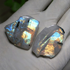 Raw Lunar Luxury 2 PC Natural Rainbow Moonstone 35-41mm Polished Gemstone Slabs