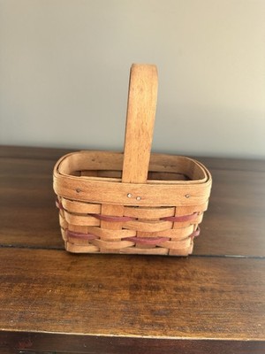 1990 Longaberger Small Rectangle Basket With Red Woven Stripes And Handle