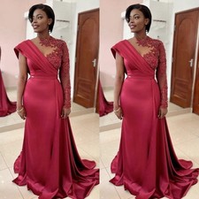 Hot Pink Mermaid Women Evening Dresses Boat Neck Satin Lace Appliques Prom Gowns