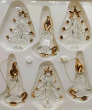 Holiday Living Ornaments Spun Glass Clear & Gold Candles & Trees Set Of 6