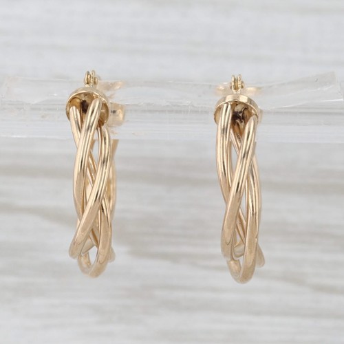 Woven Twist Hoop Earrings 18k Yellow Gold Round Hoops Snap Top Posts - Picture 2 of 6