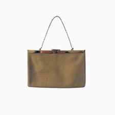 Vintage Etra MCM Leather Tan Snakeskin Frame Clutch Lift Clasp Gold Trim Chain