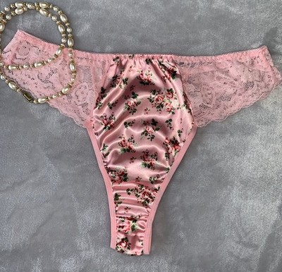 NEW Glossy Satin Roses Girly  Hi Cut Thong Bikini Panties 1X 8 SOFT