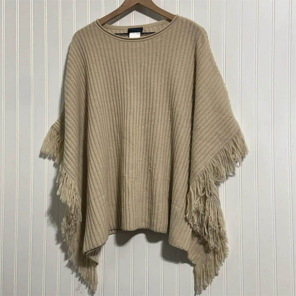 Création L Merino Wool Blend Fringe Poncho Sweater Oversize Knit Beige Germany