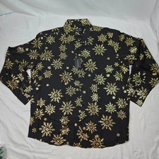 Barry Wang Long Sleeve Christmas Shirt XXL Black with Gold Print 20% Silk