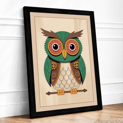 Volkskunst Eule Retro gerahmt Wandbild Wohndeko fertig zum Aufhängen
