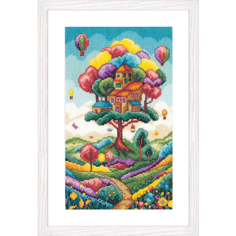 Vervaco counted cross stitch kit ""Landscape with tree house"", 16x28cm