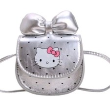 Little Girls Shiny Silver Polka Dot Mini HELLO KITTY Purse Plush Bow On Top.
