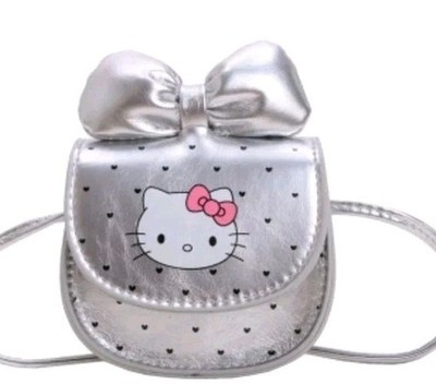Little Girls Shiny Silver &Polka Dot  Mini  HELLO KITTY Purse  Plush Bow On Top.