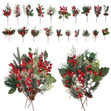 20pcs Artificial Christmas Red Berry Picks Pine Cones Fake Holly Stems