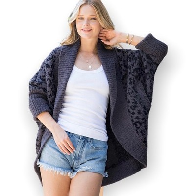Leopard Print Dolman Cardigan Womens S M Black Super Soft Cozy Lounge Sweater