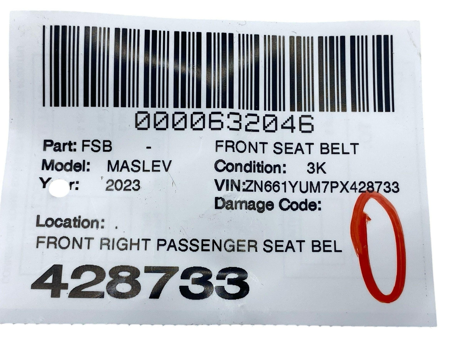 2017-2024 MASERATI LEVANTE FRONT RIGHT PASS SEAT BELT RETRACTOR W/ PRE-TENSIONER