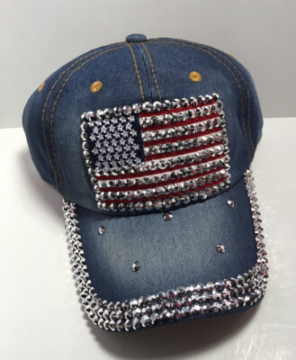 MADD HATTER DENIM BLING AMERICAN   PATRIOTIC FLAG HAT CAP WOMENS Studded NWT